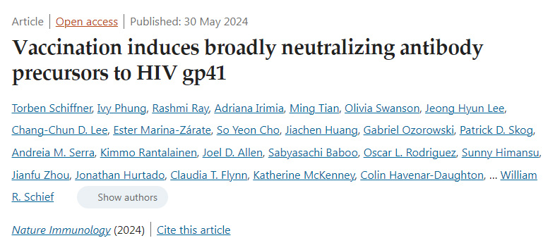 疫苗接种诱导对HIV gp41的广泛中和抗体前体